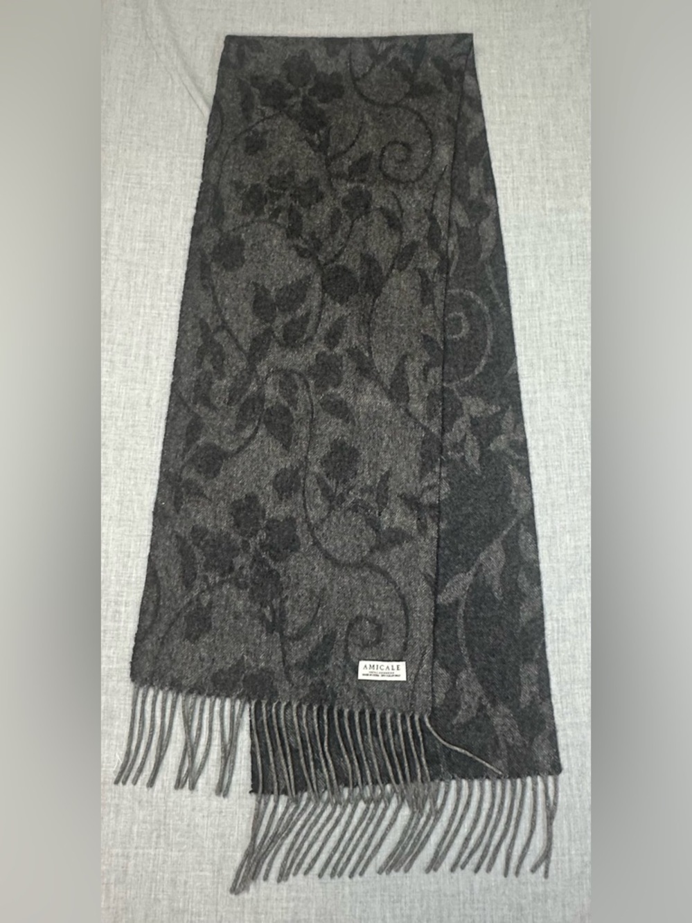 Amicale Cashmere Women's Charcoal Floral Knit Scarf 100% cashmere